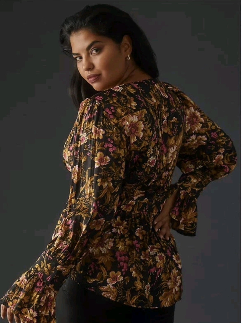 Anthropologie Black Floral V-Neck XL Long-Sleeve Blouse ruffle autumn fall - Picture 2 of 14